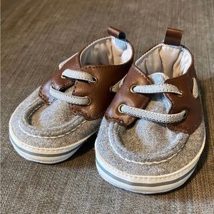 Gray and brown infant loafers